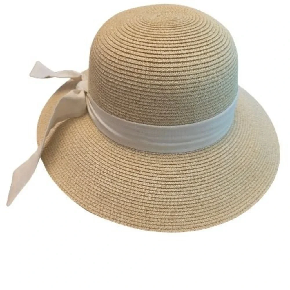 Furtalk Womens M/L Woven Straw Wide Brim Sun Hat White Ribbon Adjustable Strap